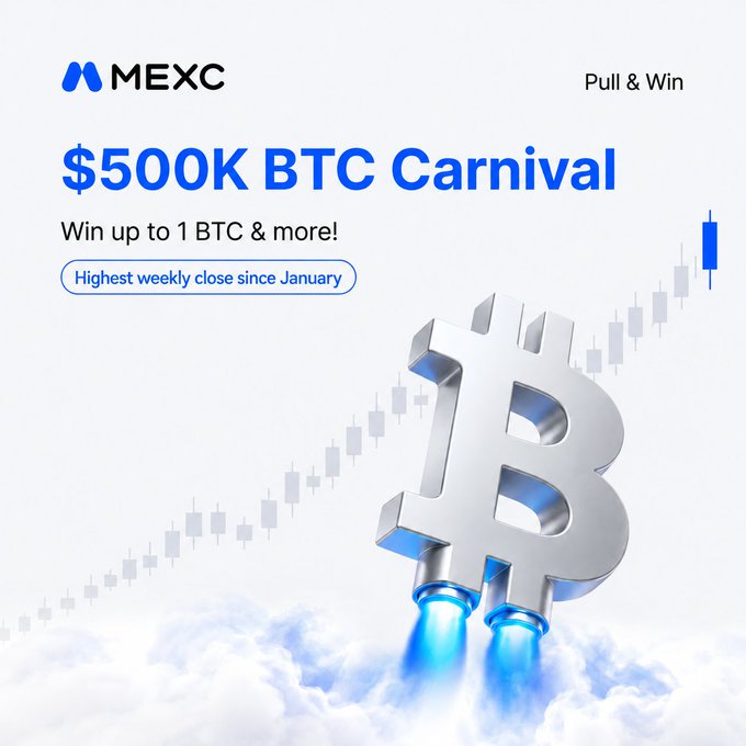 A promotional graphic for MEXC's "$500K BTC Carnival" featuring a rocket-themed "B" Bitcoin logo soaring past clouds with a candlestick chart in the background, advertising the "Pull & Win" event where users can win up to 1 BTC. The accompanying caption celebrates Bitcoin's highest weekly close since January and highlights the zero-fee trading opportunity tied to the carnival.