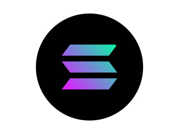 A circular black logo containing the stylized, gradient-colored (purple, blue, green) three-bar "S" logo of the Solana cryptocurrency.