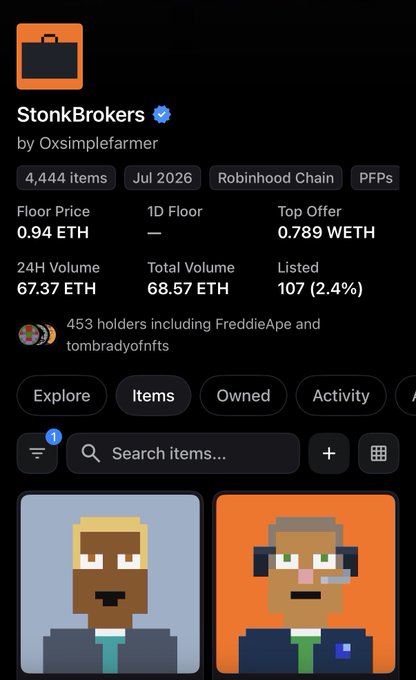 An OpenSea collection page for 'StonkBrokers' by Oxsimplefarmer with 4,444 items, showing a floor price of 0.94 ETH and two pixel-art broker avatars.