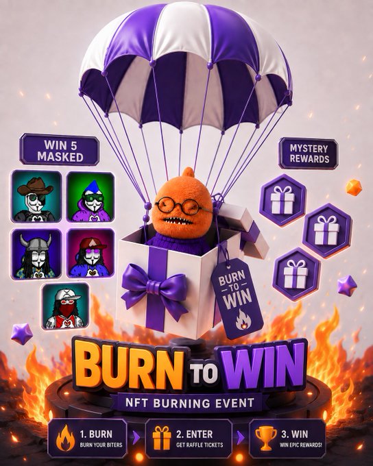 A vibrant promotional poster for a 'BURN TO WIN NFT BURNING EVENT,' featuring an orange character descending with a purple and white parachute from a gift box, surrounded by masked NFT characters, mystery rewards, and flames.