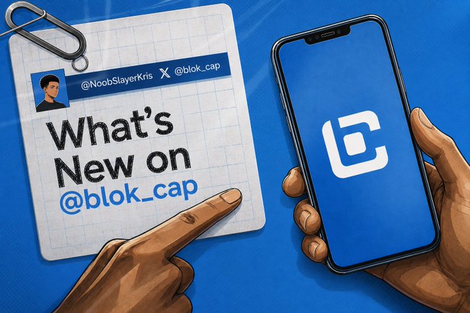 A digital illustration shows a hand pointing at a notepaper pinned with a paperclip that reads "What's New on @blok_cap" by "@NoobSlayerKris," while another hand holds a smartphone displaying the Blockcap "C" logo on a blue screen—visually introducing the crypto money management app being explained in a beginner-friendly breakdown of how users retain ownership while the platform handles their crypto.