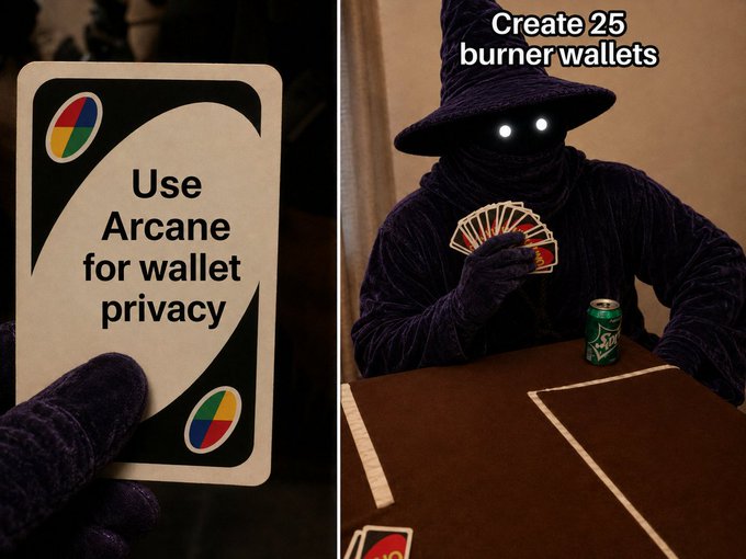 A split promotional image with the left side showing a card reading 'Use Arcane for wallet privacy' and the right side showing a hooded figure with glowing eyes playing cards with text 'Create 25 burner wallets'.