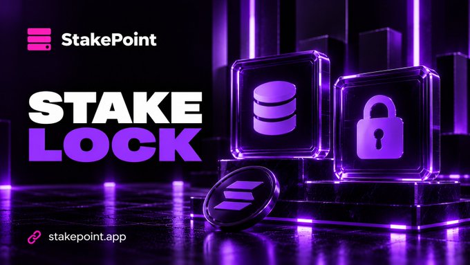 A promotional graphic for StakePoint featuring glowing purple neon visuals of a database icon and a padlock symbol on glass cubes, alongside a StakePoint coin, highlighting their "STAKE LOCK" services at stakepoint.app. The bold design and security imagery visually reinforce the message that StakePoint uniquely supports reward-bearing tokens for both staking and locking on Solana.