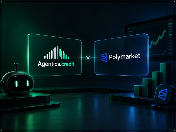 A 3D-style graphic shows a connection between an "Agentics.credit" logo panel and a "Polymarket" logo panel, set against a dark background with a small robot figure and trading charts.