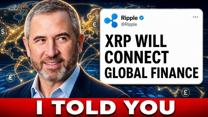 The image features a man with gray hair wearing a blue shirt smiling at the camera. The background shows a map, possibly representing the global financial system or Bitcoin's impact on it. In the foreground of the image, there are two lines of text that read "Ripple will connect Global Finance" and "I TOLD YOU". These texts seem to be related to Ripple, a cryptocurrency platform, and its potential influence on global finance. The man in the image appears to be promoting Ripple or discussing it with someone else who is not visible in the photo.