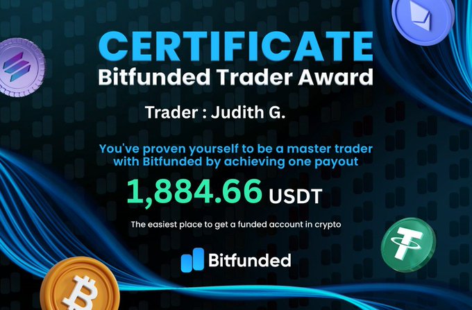 The image features a poster for Bitfunded that includes a list of cryptocurrency coins and their corresponding amounts won by traders. One of the coins listed is Bitcoin, which has been won by Judith G., who has achieved a total of 1,844,664 USDT in her trading activities. The post also mentions that the trader has already received 1,844,664 USDT as payment for their cryptocurrency trading.