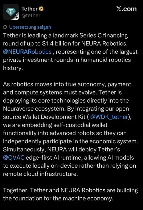 The image shows a social media post from someone named Tether with a Twitter account, which contains information about an AI Robotics project that they are building together with another company called NeuroROBOTS. The post says, "Together, Tether and NeuroROBOTS are building the foundation for the machine economy. $USDT will be robo money. Connect the dots." This post also includes a screenshot of the text in the image.