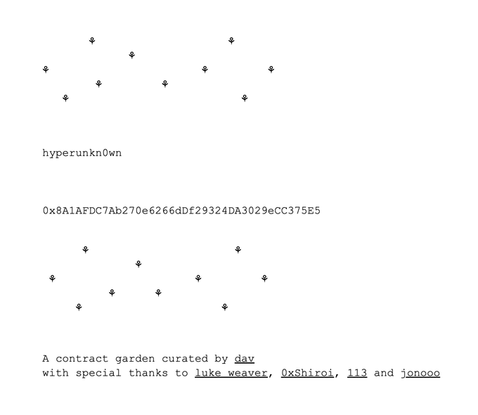 An image displaying the text "hyperunknow0wn," a contract address "0x8A1AFDC7Ab270e6266dDE29324DA3029eCC375E5," and credits to "dav" with special thanks to "luke weaver," "0xShiroi," "113," and "jonooo," surrounded by small cross-like symbols. The image serves as an introduction or about page for a curated contract garden by "dav," designed for processing audio/notes/params for Open Music, as described in the accompanying post.