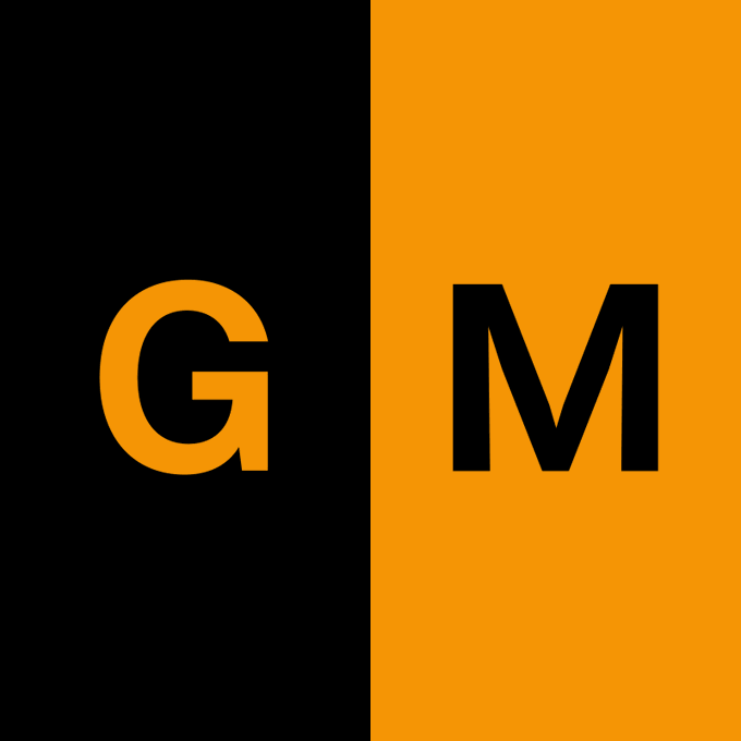 A simple logo design split vertically into black and orange halves with the letters "G" in orange and "M" in black.