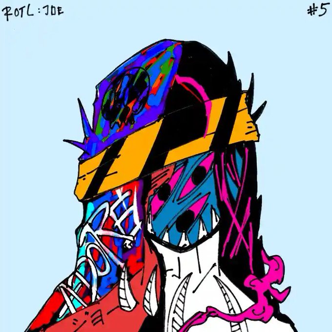 A colorful, abstract digital illustration of a character with a yellow and black striped headband, set against a light blue background with text 'POIL:JOE' and '#5' in the corners.