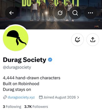 The image displays the verified Twitter profile of "Durag Society" (@duragsociety), featuring a yellow logo of a durag and a banner with hand-drawn characters. The profile notes 4,444 hand-drawn characters built on Robinhood, matching the NFT launch details mentioned in the post.