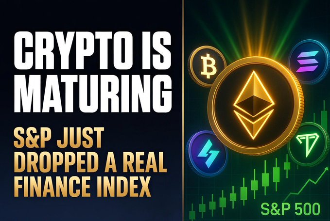 A promotional graphic reading "CRYPTO IS MATURING: S&P JUST DROPPED A REAL FINANCE INDEX" features Ethereum, Bitcoin, and other crypto logos alongside a green candlestick chart labeled "S&P 500".