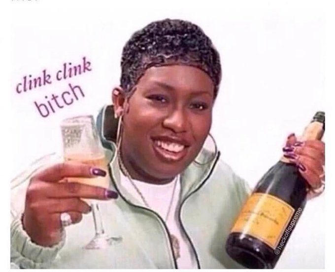 A meme image featuring a person holding a champagne glass and a Veuve Clicquot bottle with the text "clink clink bitch" overlaid, watermarked "mocksupreme".