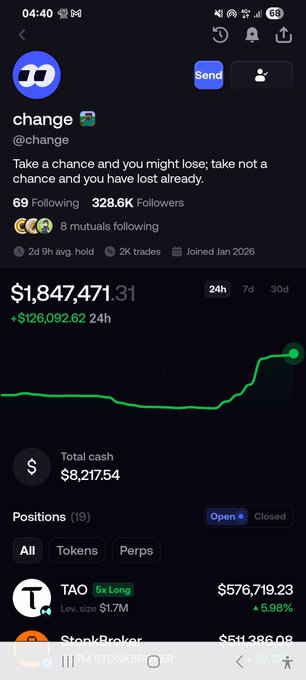 A screenshot of the "change" wallet shows a portfolio value of $1,847,471.31 with a +$126,092.62 gain in 24h, highlighting a TAO long position of $576,719.23 (+5.98%) — reflecting the post's reference to going all-in ("aping") on TAO.