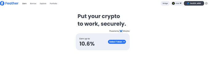 Screenshot of the Feather website with the headline 'Put your crypto to work, securely,' offering up to 10.6% yield powered by Morpho.