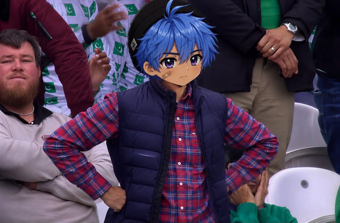 An anime-style illustration of a character featuring spiky blue hair and large expressive eyes, wearing a blue puffer vest over a red plaid shirt, superimposed over what appears to be a sports crowd scene.