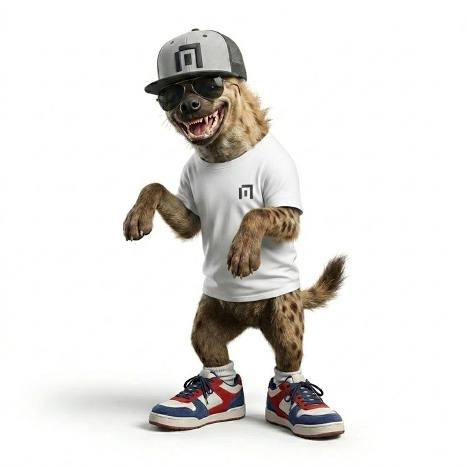 A 3D-rendered hyena wearing a gray cap, sunglasses, a white t-shirt with a logo, and red, white, and blue sneakers stands on a white background.