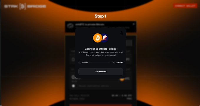 A screenshot of a Strike BTC Bridge onboarding step showing a prompt to connect Bitcoin and Starknet wallets with a 'Get started' button.