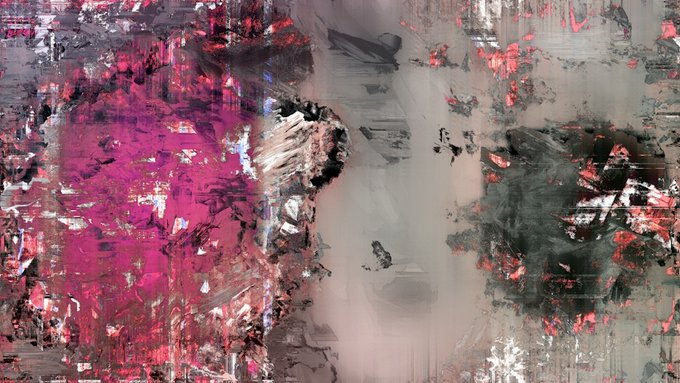 An abstract painting featuring chaotic splashes of magenta, pink, gray, black, and red with fragmented, glitch-like textures.