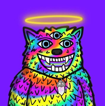 A trippy rainbow-colored dog-like creature with three eyes, a glowing yellow halo, and a wide toothy grin wears an XPUNKS medallion necklace. The psychedelic design reflects the FUZZY + XPUNKS partnership celebration, with the pendant symbolizing the owner's XPUNK #369 PFP that connected them to the NFT space.