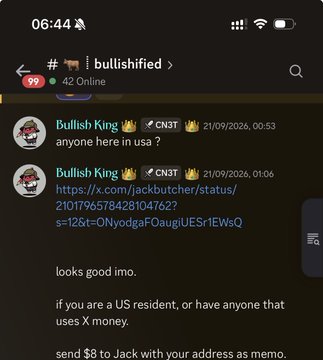 A Discord channel named '#bullishified' shows a user 'Bullish King' posting a link to jackbutcher/status/2101796578428104762 about sending $8 to Jack with an address memo.