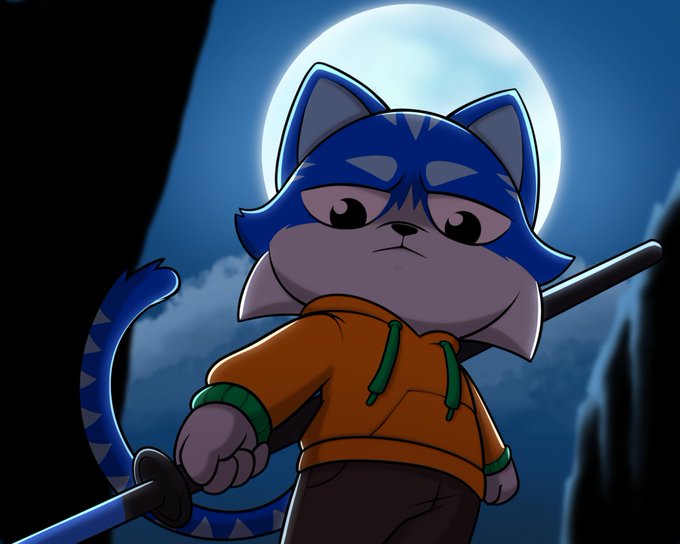 An anime-style blue cat mascot (resembling a cat samurai) with a determined expression stands under a full moon wearing an orange hoodie, holding a katana over its shoulder. The image visually represents the Toshi mascot referenced in the post, depicted as a steadfast warrior ready to "stay the course" through the dark times before the dawn of renewed liquidity for the Base chain.