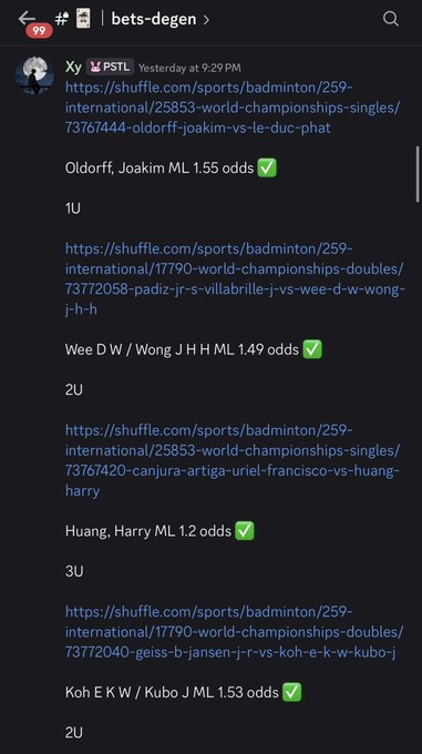 A Discord screenshot from the #bets-degen channel shows user Xy sharing winning Shuffle.com bets on badminton World Championships matches—including Oldorff Joakim ML (1.55), Wee/Wong ML (1.49), Huang Harry ML (1.2), and Koh/Kubo ML (1.53)—resulting in a successful parlay that contributed to a +$17k profit highlighted in the accompanying post.