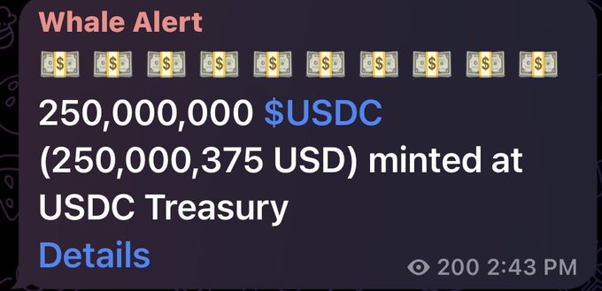 A "Whale Alert" notification shows 250,000,000 USDC (250,000,375 USD) minted at the USDC Treasury, with 200 views at 2:43 PM, corroborating the post's claim of $250 million in new USDC issued on Solana to boost liquidity.