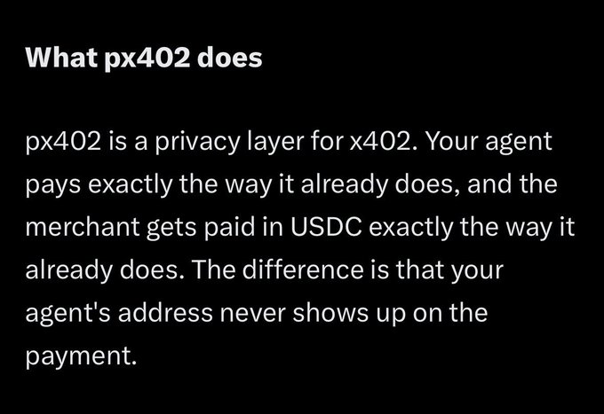 A black slide with white text titled 'What px402 does' explaining that px402 is a privacy layer for x402 where payments occur in USDC but the agent's address never appears on the payment.
