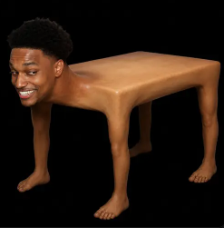 A surreal image of basketball player Giannis Antetokounmpo's head placed on a simple wooden table with human legs, set against a black background.