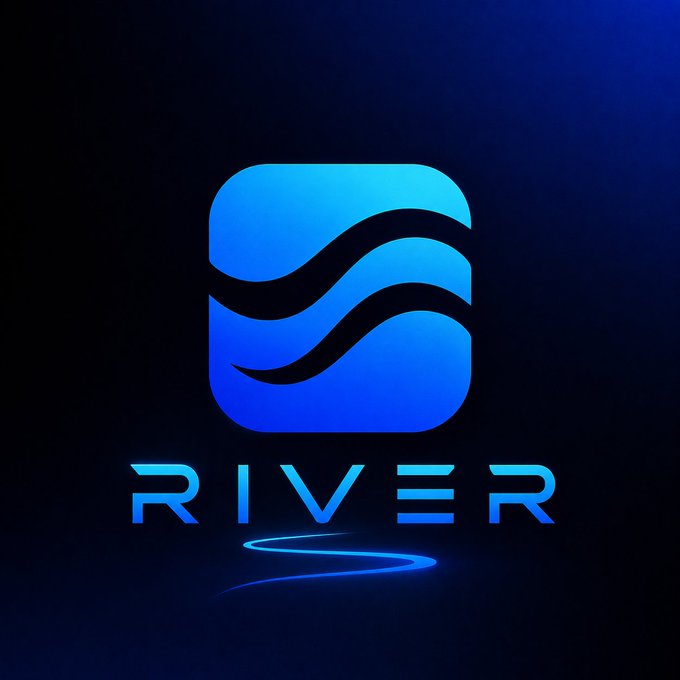 A glowing blue app icon featuring two flowing wave lines sits above the stylized "RIVER" wordmark, with a subtle river-like reflection below, visually reinforcing the project's name and its theme of fluid, cross-chain liquidity for the $RIVER token.