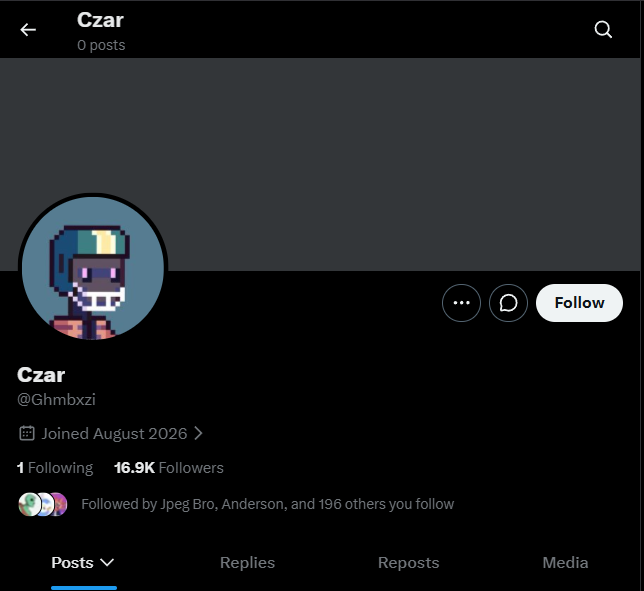 A social media profile page shows an account named "Czar" with the handle @Ghmbxzi, 0 posts, 16.9K followers, and a note that it "Joined August 2026," with users warning that this may be a scam account related to the Inkers NFT project.