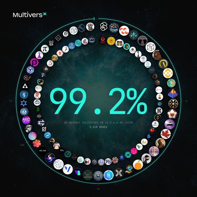 The image, branded "Multiversx," displays a circular array of validator logos with the central statistic **"99.2% OF MAINNET VALIDATORS ON v2.0.6.0 OR LATER"** across **3,518 NODES**, visually reinforcing the post's message of "Together." by showing near-unified network consensus within the MultiversX community.