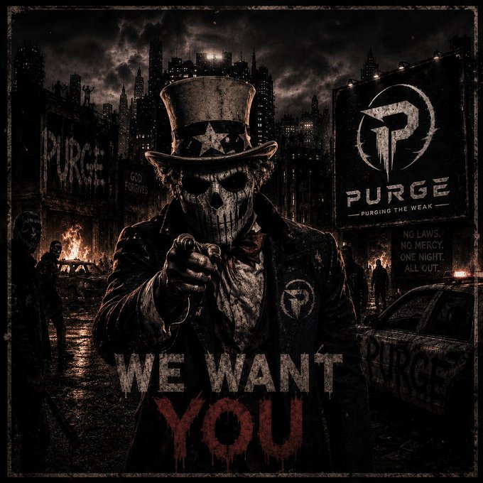 The image features a skull wearing a top hat, pointing a gun at someone with the caption "We Want You" written below him. The background of the image shows a cityscape with buildings lit up by lights, creating an eerie atmosphere. The text in the image is related to the post about Purge and seems to be promoting or encouraging people to join the group.