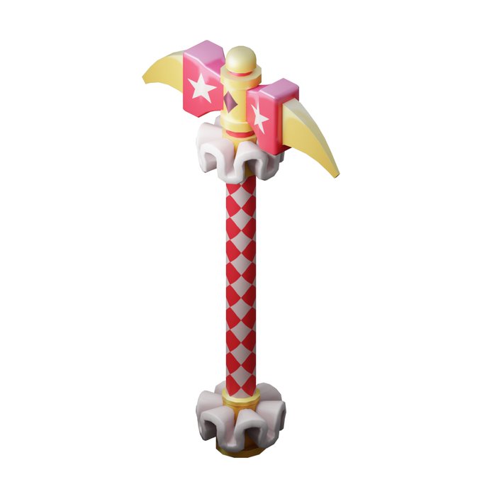A cartoon-style pickaxe with a red and white diamond-patterned handle, golden accents, and star-decorated blades sits against a white background, illustrating one of the customizable tool skins being introduced in the upcoming My Neighbor Alice (MNA) update for Lummelunda. The vibrant, playful design reflects the post's invitation for players to reimagine familiar farming tools with fresh, personalized styles.