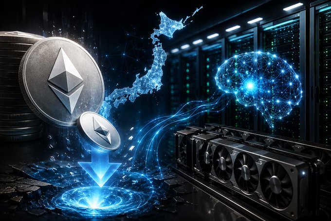 A digital composite image displays a large Ethereum coin and a Japan map outline on the left, with a glowing blue brain network and cryptocurrency mining rigs in a server room on the right, connected by flowing data lines.
