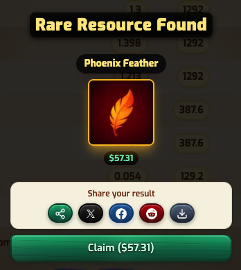 A mobile game screenshot showing 'Rare Resource Found' notification for a 'Phoenix Feather' valued at $57.31, with a 'Claim ($57.31)' button and social sharing options.