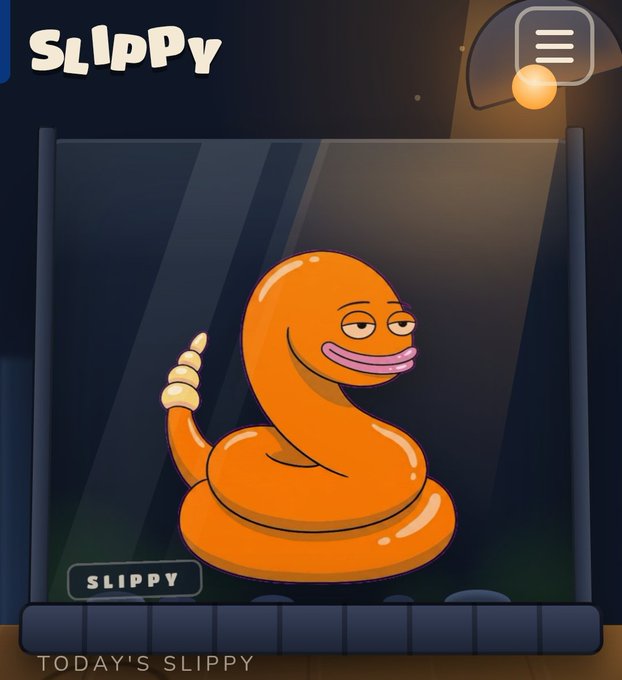 A mobile game screen displays a cartoon orange snake character labeled 'SLIPPY' under the heading 'TODAY'S SLIPPY' with a menu icon in the upper right.