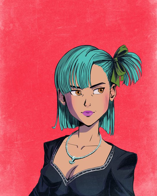An illustrated portrait of a woman with teal hair, a green bow, and a silver necklace against a red background.