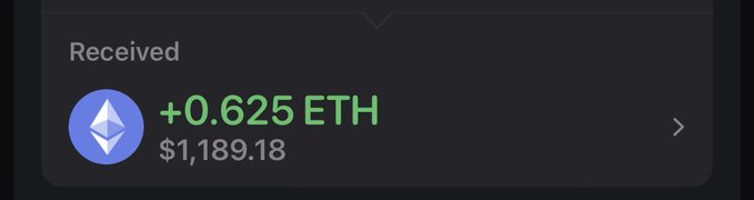 A screenshot of a crypto wallet shows a received Ethereum payment of +0.625 ETH ($1,189.18), aligning with the post celebrating a successful Monday thanks to a Web3 job payment.