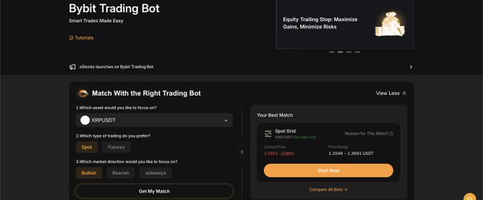A screenshot of Bybit's "Trading Bot" matchmaking interface, showing a user matched with a "Spot Grid" bot for XRPUSDT with current price 3.0061 (-5.00%) and price range 3.2088 - 3.3651 USDT, illustrating the platform's AI-powered tool to help users select automated trading strategies.