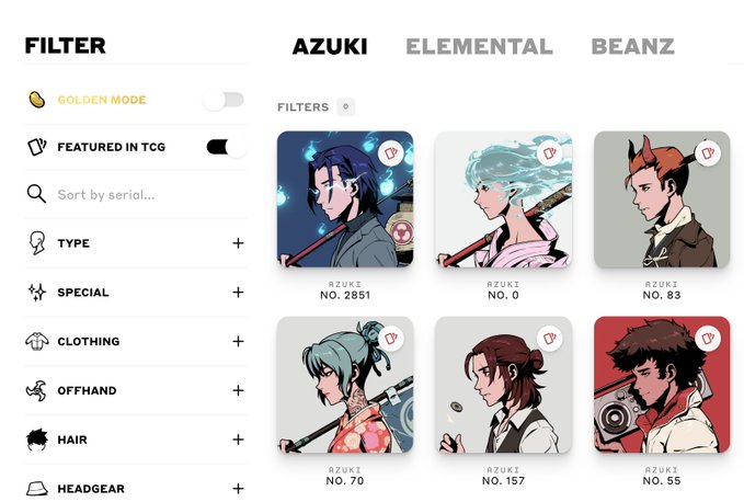A screenshot of an NFT marketplace filter page showing the 'Azuki' collection with various character profile cards and filter options for Type, Special, Clothing, and more.