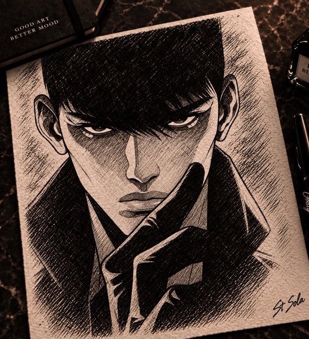 A black and white ink illustration of a serious-looking man with dark hair and a gloved hand on his chin, signed "St. Sola" in the corner, on a sketchbook with pens nearby.