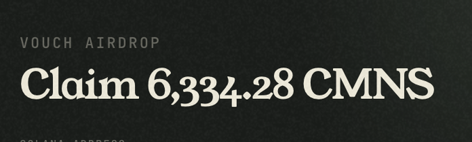 The image displays a "VOUCH AIRDROP" graphic on a dark background, prominently featuring the text "Claim 6,334.28 CMNS" in large serif font, along with a partially visible "SOLANA ADDRESS" label at the bottom—illustrating the user's claim of approximately $40 worth of CMNS tokens from the Commons airdrop.