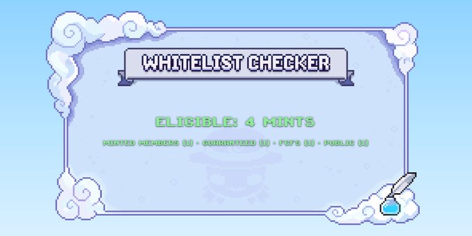 The image features a poster for a video game called "Whitelist Checker". The poster displays a blue sky with white clouds, giving it a whimsical and playful atmosphere. It also includes text that reads "Whitelist Checker" and "Eligible 4 Mints", indicating the game's title and its requirements. The poster is accompanied by an illustration of a character or a person holding a book, suggesting that players can use this game to learn about mints while enjoying a fun gaming experience.