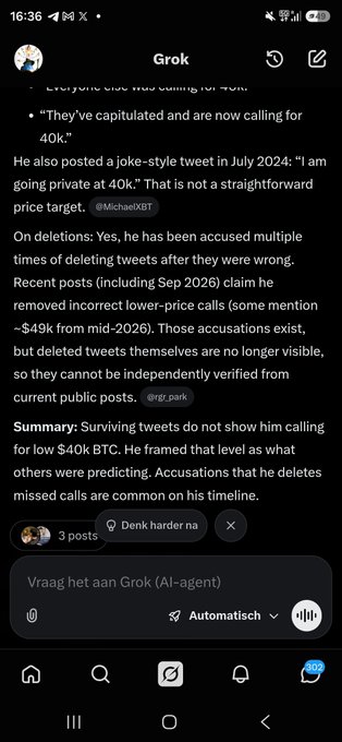 A screenshot of Grok's AI response on X confirms that Michael Saylor (@MichaelSaylor) has been accused multiple times of deleting incorrect price calls, though the original tweets are no longer verifiable. The response notes his surviving tweets never showed him predicting $40K BTC, and his July 2024 post ("I am going private at 40k") framed the level as what others were predicting, directly addressing the user's question about locating deleted tweets.