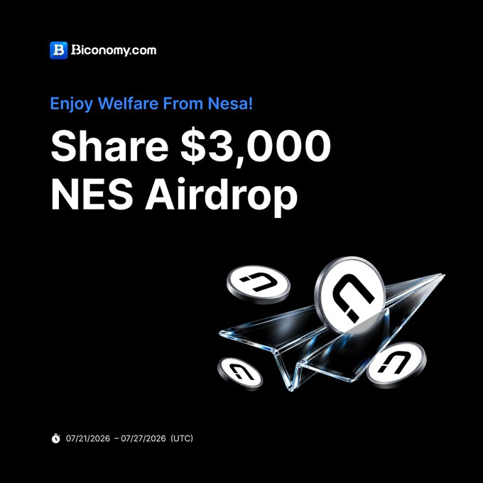 The image is a promotional graphic for a "$3,000 NES Airdrop" on Biconomy.com, featuring a sleek design with floating NES coin tokens on a black background, and displays the campaign dates "07/21/2026 – 07/27/2026 (UTC)" under the headline "Enjoy Welfare From Nesa!"—visually reinforcing the airdrop announcement tied to Nesa's listing as decentralized AI inference infrastructure.