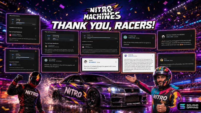A promotional "Thank You, Racers!" banner from Nitro Machines, a Solana Gaming racing title, featuring player testimonials praising its complex yet fun gameplay, alongside images of two costumed drivers and a branded race car.