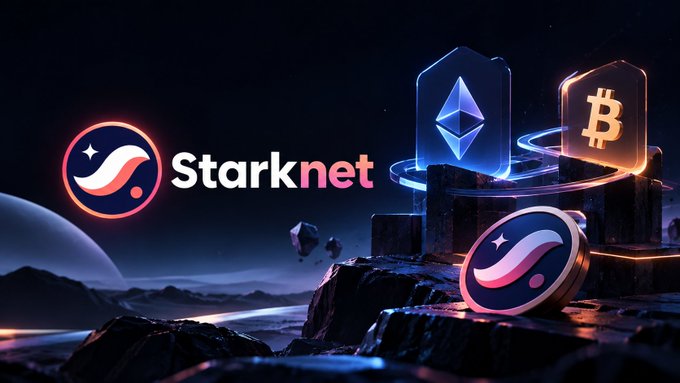 A promotional graphic featuring the Starknet logo alongside Ethereum and Bitcoin cryptocurrency symbols on a futuristic rocky landscape.