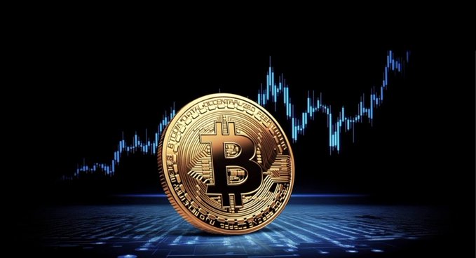 A golden Bitcoin coin stands prominently in the foreground against a dark backdrop featuring a blue ascending stock chart, symbolizing cryptocurrency price movement. The image visually reinforces the post's message about patient accumulation during uncertain market sentiment, with the rising chart behind the coin representing the long-term opportunity that often emerges when "smart money" acts against crowd emotions.